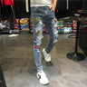 European Style Fashion Men's Embroidered Mid-Waist Denim Skinny Trousers - SolaceConnect.com