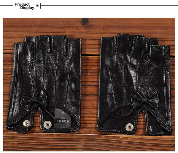 Fall and Winter Genuine Leather Gloves for Women Black Goatskin Half-finger Bow Gloves Warm GSL046  -  GeraldBlack.com