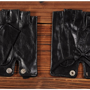 Fall and Winter Genuine Leather Gloves for Women Black Goatskin Half-finger Bow Gloves Warm GSL046  -  GeraldBlack.com