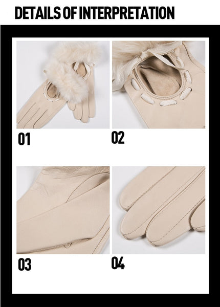 Fall and Winter Women Real Leather Gloves Beige Genuine Goatskin Fur Gloves Unlined Fashion Soft  -  GeraldBlack.com