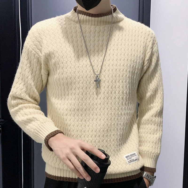 Fall Thicken Solid Color Retro Men Korean Designer Fashion Knit Thicken Pullover Sweater  -  GeraldBlack.com