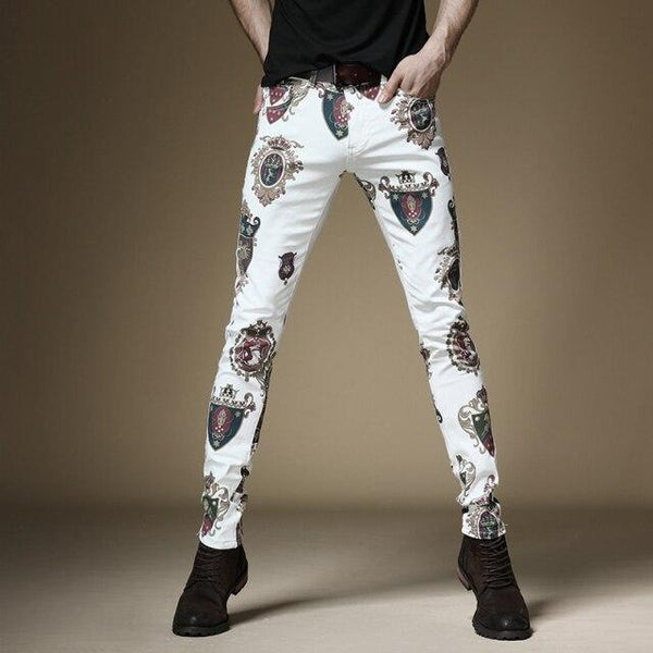 Fancy Fashion Men's Royal Crown Printed Stretchy Skinny Jeans for Party Club - SolaceConnect.com