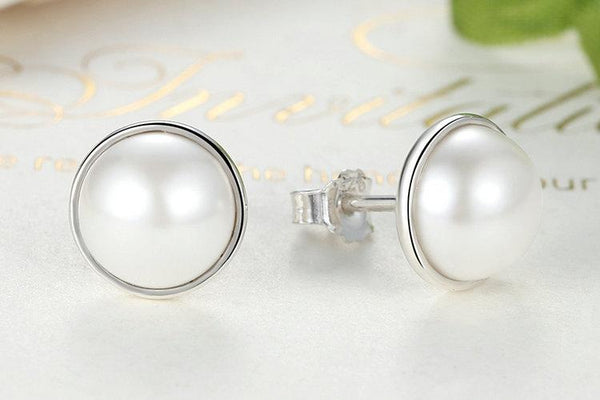Fashion 925 Sterling Silver Round White Pearl Stud Earrings for Women - SolaceConnect.com