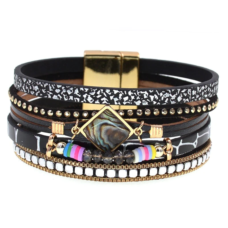 Fashion Bohemia Crystal Wrap Bezel Setting Leather Bracelets For Women  -  GeraldBlack.com