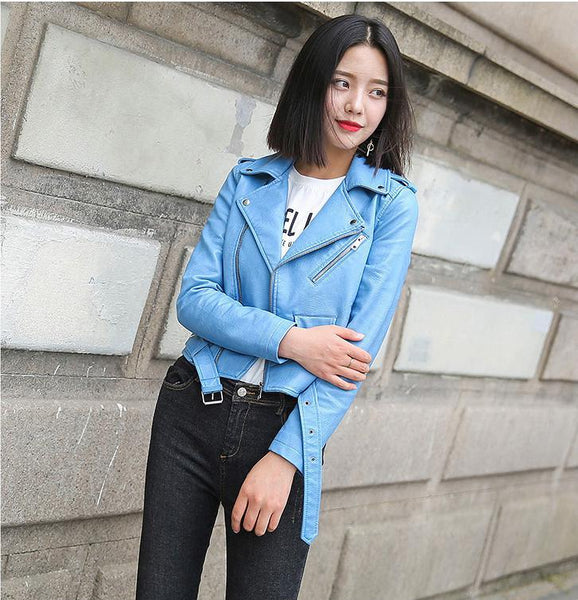 Fashion Bright Color Black Short Faux Leather Motorcycle Coat for Women - SolaceConnect.com