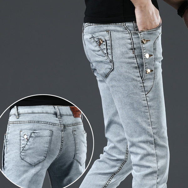 Fashion Button Pocket Men Jeans Stretch Casual Slim Skinny Cotton Light Blue Dark Gray Designer Denim Pants  -  GeraldBlack.com