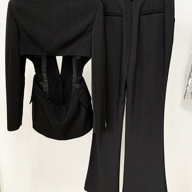 Fashion Designer Suit Set Women's Single Button Hollow Out Diamonds Beaded Blazer Flare Pants Set  -  GeraldBlack.com