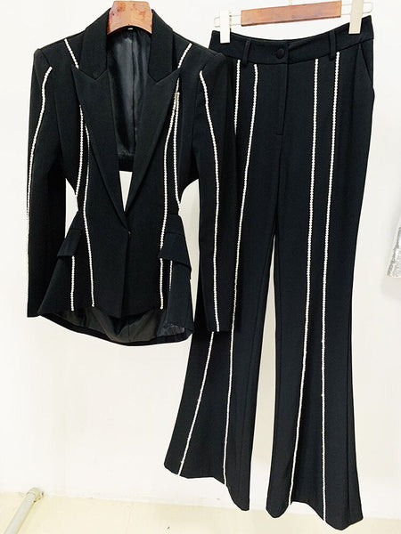Fashion Designer Suit Set Women's Single Button Hollow Out Diamonds Beaded Blazer Flare Pants Set  -  GeraldBlack.com