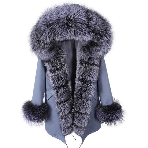 HD1-11 Fashion Natural Real Fox fur collar black Jacket women's parka with fur Winter warm Coat Big Fur Outerwear - SolaceConnect.com