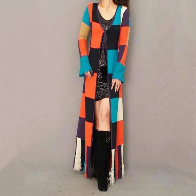 Fashion Floor Length Knitted Plaid Sweater Cardigan for Women  -  GeraldBlack.com