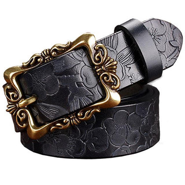 Fashion Genuine Cow Skin Leather Wide Vintage Floral Belt for Woman - SolaceConnect.com