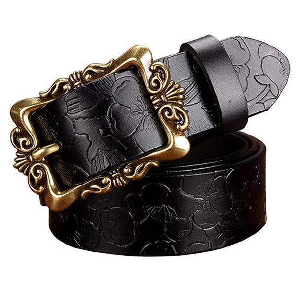 Fashion Genuine Cow Skin Leather Wide Vintage Floral Belt for Woman - SolaceConnect.com