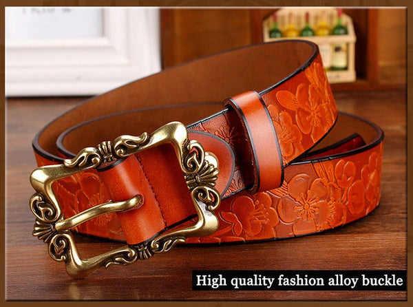 Fashion Genuine Cow Skin Leather Wide Vintage Floral Belt for Woman  -  GeraldBlack.com