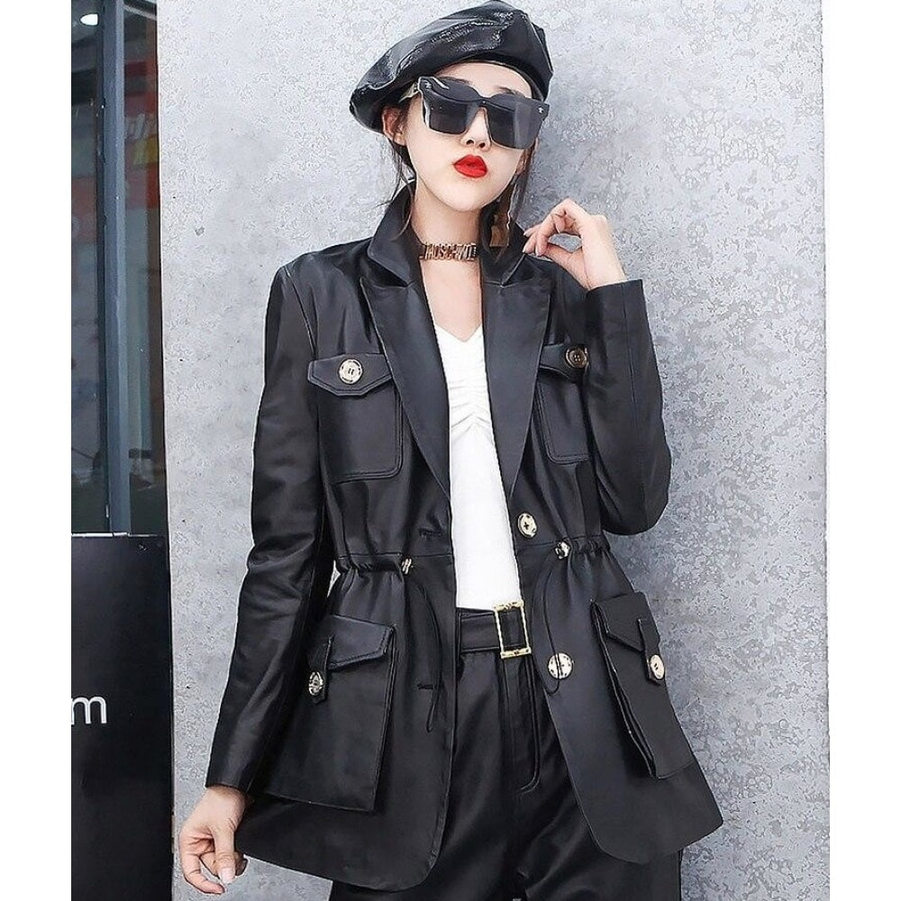 Fashion Genuine Leather Korean Style Women's Jacket for Spring and Autumn  -  GeraldBlack.com