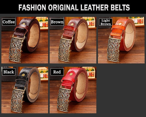 Fashion Genuine Leather Vintage Floral Metal Buckle Wide Belt for Women  -  GeraldBlack.com
