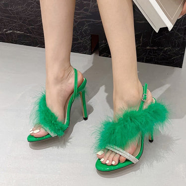 Fashion Green GLADIATOR Faux Fur Women Rhinestone Thin Heels Open Toe Buckle Strap High Heels  -  GeraldBlack.com