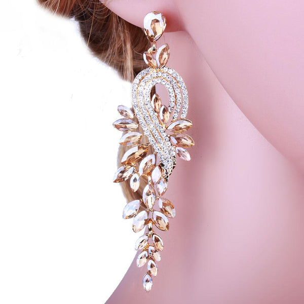 Fashion Jewelry Luxury Crystal Leaf Long Drop Earrings for Women - SolaceConnect.com