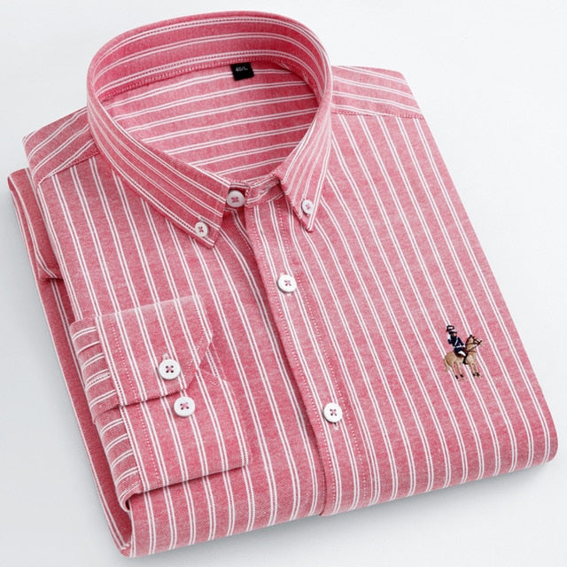 Fashion Men&#39;s Long Sleeve Casual Contrast Striped Oxford Shirt with Embroidered Logo Comfortable Standard-fit Button-down Shirts  -  GeraldBlack.com