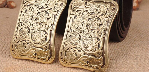Men's Fashion Brass Floral Pattern Smooth Buckles Metal Belts Cow Genuine Leather Belt for Men - SolaceConnect.com