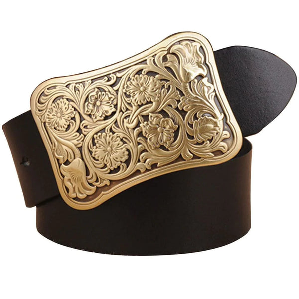 Fashion Men's Brass Metal Floral Pattern Smooth Buckle Genuine Leather Belt  -  GeraldBlack.com