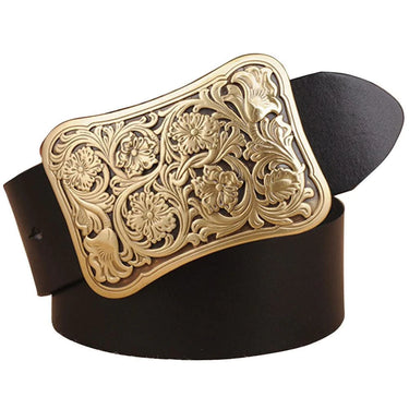 Fashion Men's Brass Metal Floral Pattern Smooth Buckle Genuine Leather Belt  -  GeraldBlack.com