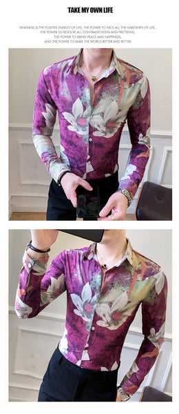 Fashion Men's Floral Long Sleeve Simple Slim Fit Casual Prom Shirts - SolaceConnect.com
