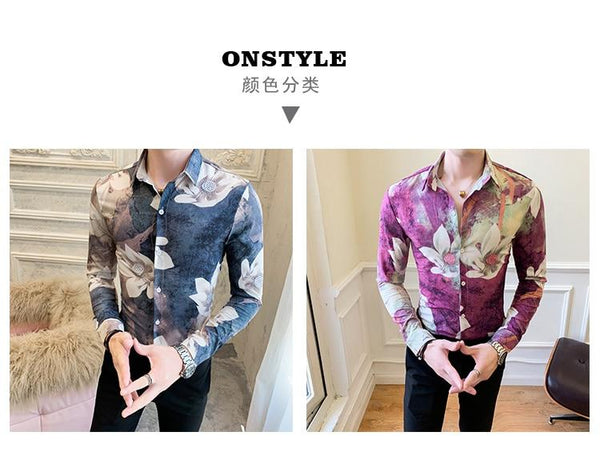 Fashion Men's Floral Long Sleeve Simple Slim Fit Casual Prom Shirts - SolaceConnect.com