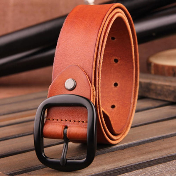 Men's 100% Pure Cow Solid Leather Belts Man Black Alloy Pin Buckle Metal Packed in a Box Belt for - SolaceConnect.com