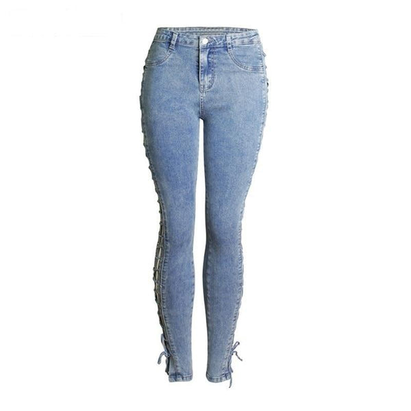 Fashion Side Lace-up Slim Stretchy Pencil Jeans Pants for Women - SolaceConnect.com