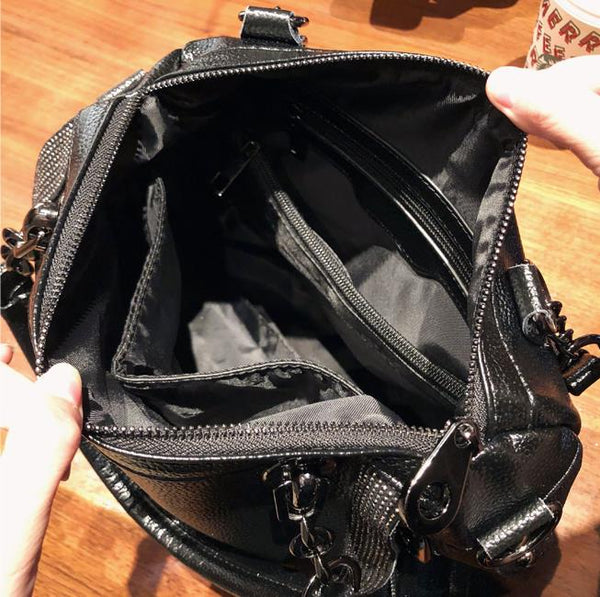 Fashion Soft Leather Women Portable Shoulder Diamond Cowhide Simple Large Capacity Black Handbag  -  GeraldBlack.com