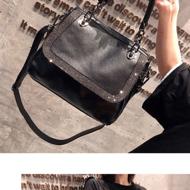 Fashion Soft Leather Women Portable Shoulder Diamond Cowhide Simple Large Capacity Black Handbag  -  GeraldBlack.com