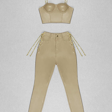 Fashion Star Style Designer Set Women's Slim Chain Design Sling Top Pant 2pcs Set  -  GeraldBlack.com