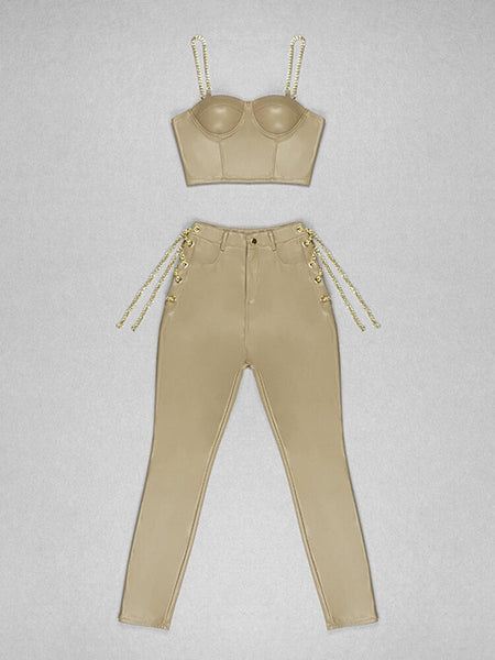 Fashion Star Style Designer Set Women's Slim Chain Design Sling Top Pant 2pcs Set  -  GeraldBlack.com