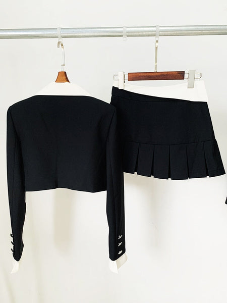 Fashion Stylish Designer Women Color Block Lapel Blazer Crop Jacket Mini Skirt Set  -  GeraldBlack.com