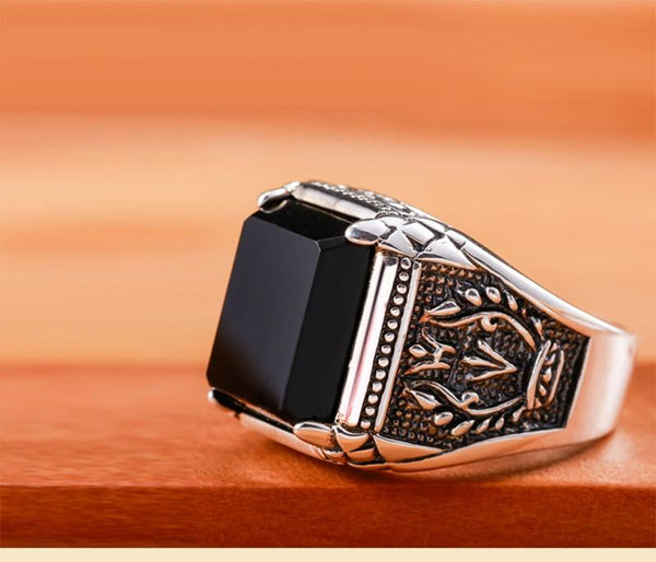 Fashion Unisex Engraved Flower Black Zircon Sterling Thai Silver Jewelry - SolaceConnect.com