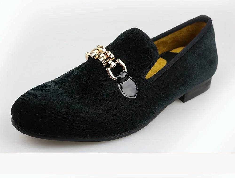 Fashion Velvet Men Gold Chain Buckle Loafers Wedding Party Shoes  -  GeraldBlack.com