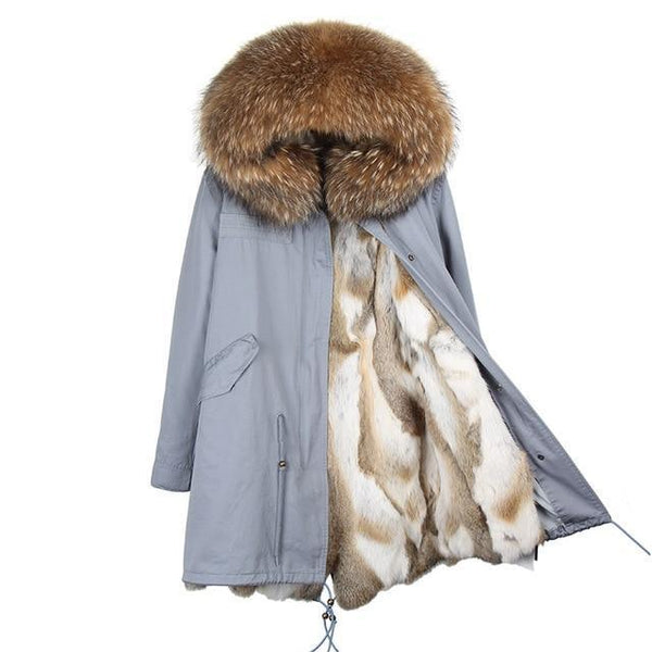 Fashion Women's Army Green Large Rabbit Fur Lining Hooded Long Coat Parkas - SolaceConnect.com