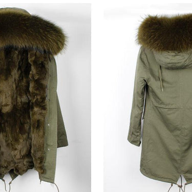 Fashion Women's Army Green Large Rabbit Fur Lining Hooded Long Coat Parkas - SolaceConnect.com
