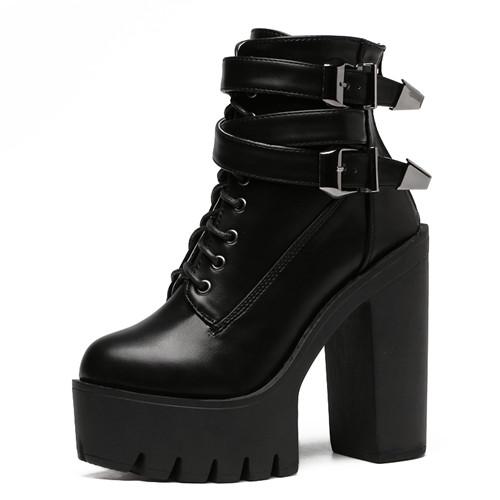 Fashion Women's High Heels Platform Buckle Lace Up Leather Short Booties - SolaceConnect.com