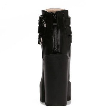 Fashion Women's High Heels Platform Buckle Lace Up Leather Short Booties  -  GeraldBlack.com