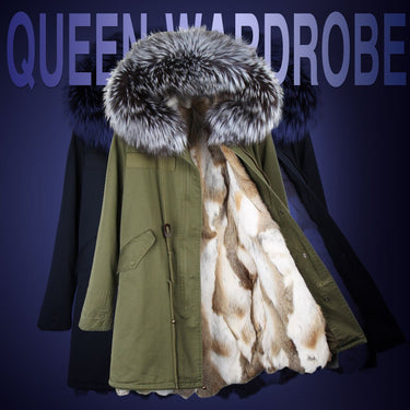 Fashion Women's Rabbit Fur Lining Hooded Long Coat Parkas in Army Green - SolaceConnect.com