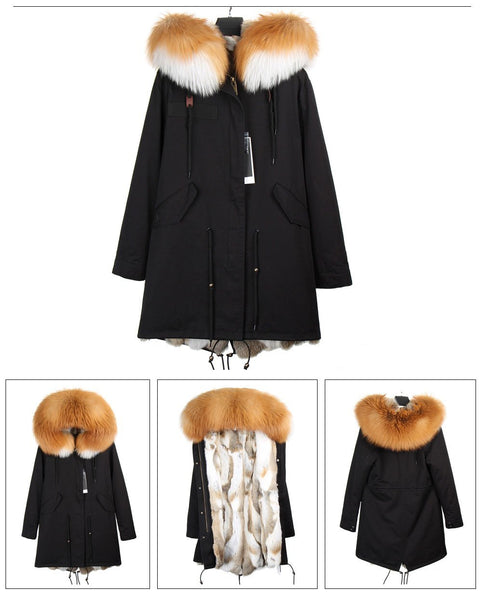 Fashion Women's Rabbit Fur Lining Hooded Long Coat Parkas in Army Green - SolaceConnect.com
