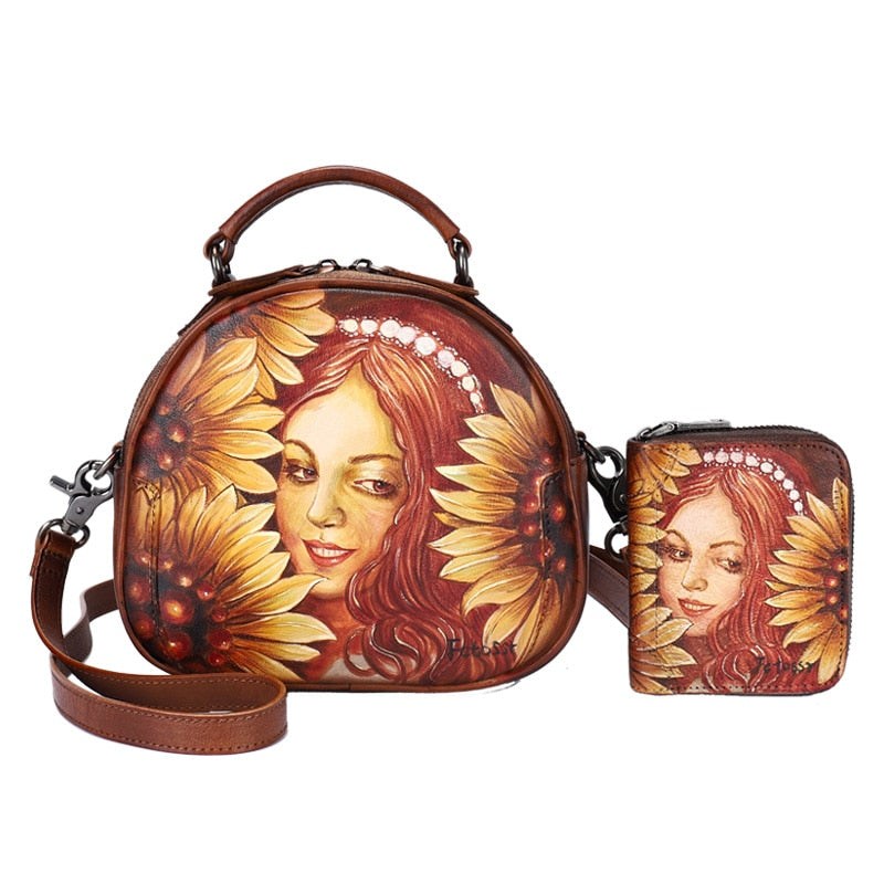 Fashion Women Small Portable Hand Painted First Layer Cowhide Shoulder Handbag and Wallet  -  GeraldBlack.com