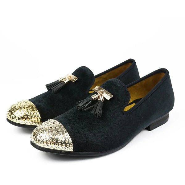 Fashionable Men Velvet Gold Tassels and Golden Toes Party and Wedding Leather Loafers Shoes  -  GeraldBlack.com