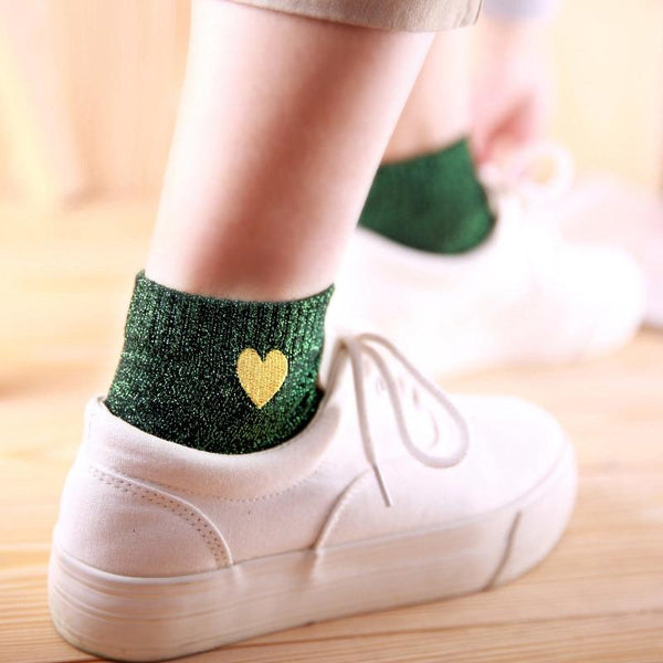 Fashionable Silver Gold Silk Socks with Colorful Heart Love Embroidery - SolaceConnect.com