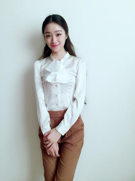 Female Elegant Slim Fit Chiffon Ruffled Collar Office Shirts Tops Blouses - SolaceConnect.com