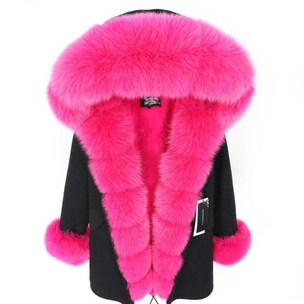 Female Solid Fox Fur Collar Long Zipper Slim Winter Warm Coats & Jackets  -  GeraldBlack.com