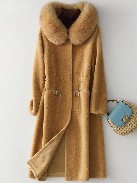 100% Real Sheep Shearling Fur Coat Female Winter Natural Fox Fur Collar Coat Women Wool Jacket - SolaceConnect.com