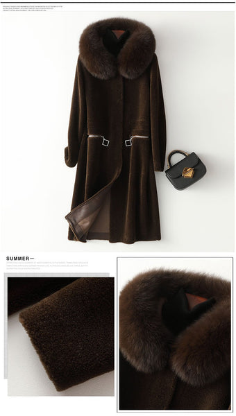 100% Real Sheep Shearling Fur Coat Female Winter Natural Fox Fur Collar Coat Women Wool Jacket - SolaceConnect.com