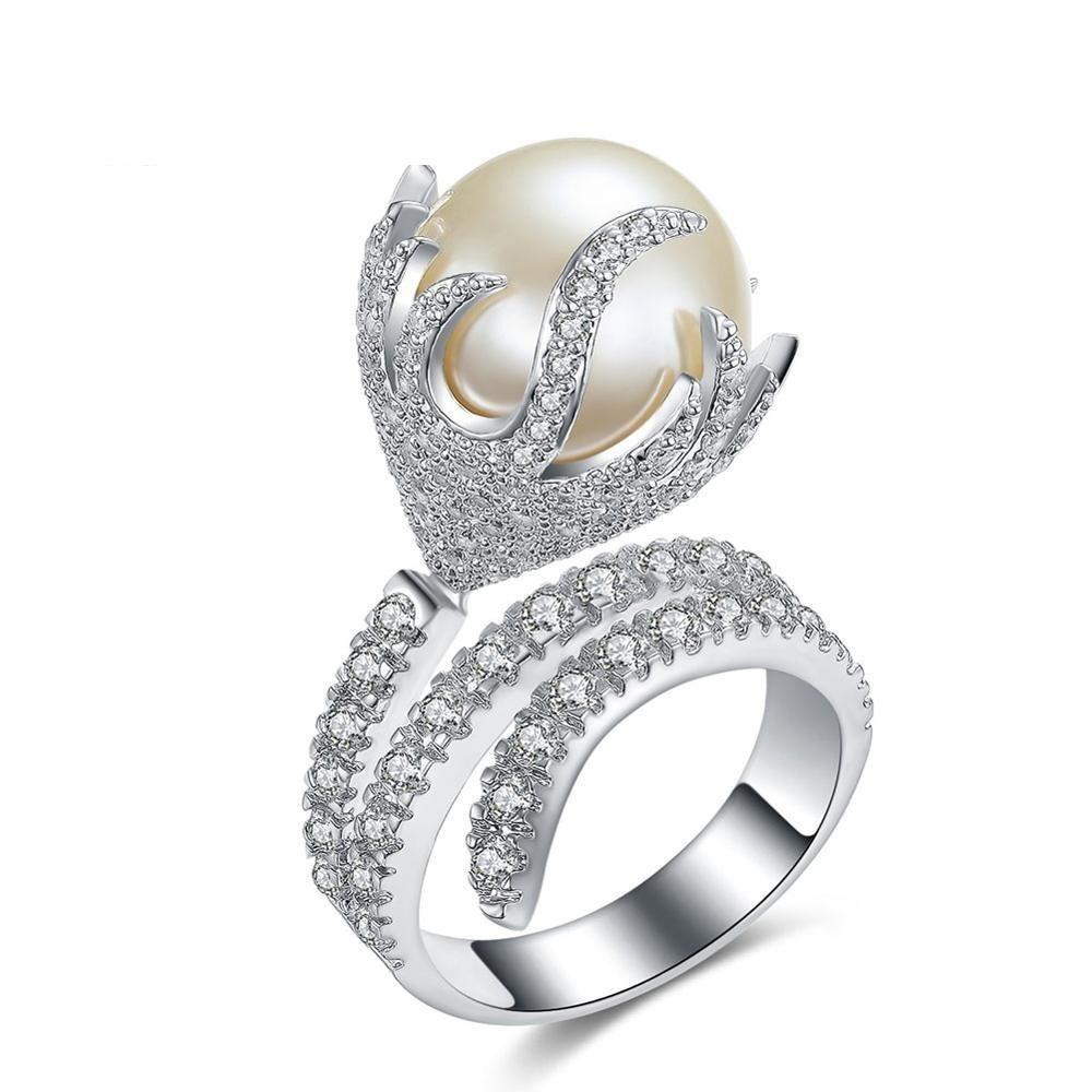Fire Shaped Synthetic Pearl Zirconia Rhodium Plated Micro Paved Rings  -  GeraldBlack.com